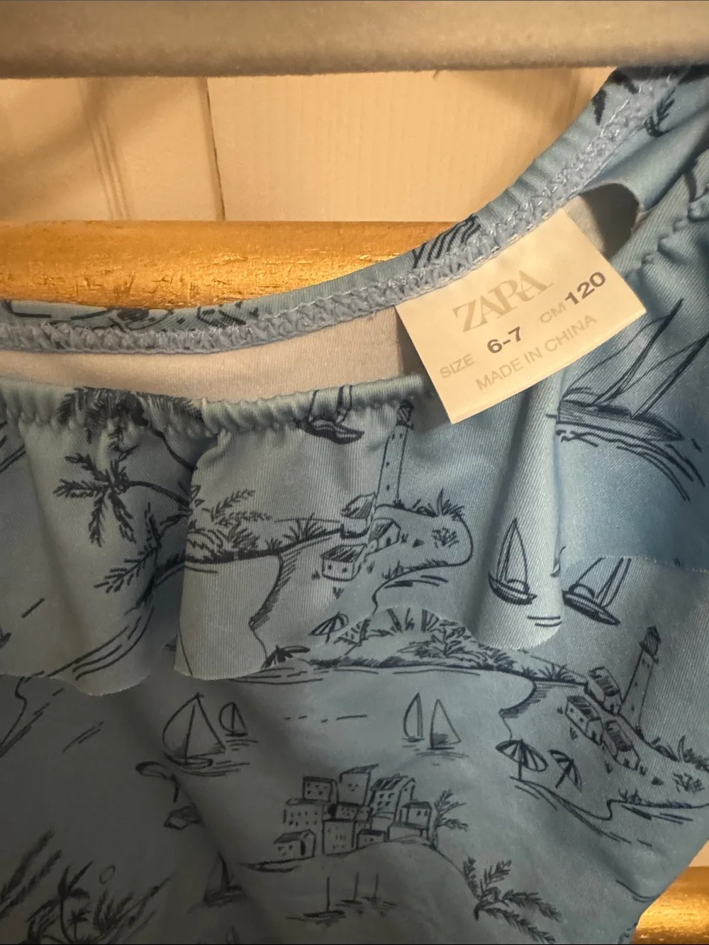 Zara Light Blue One-Shoulder Kids Swim One-Piece with Coastal Print